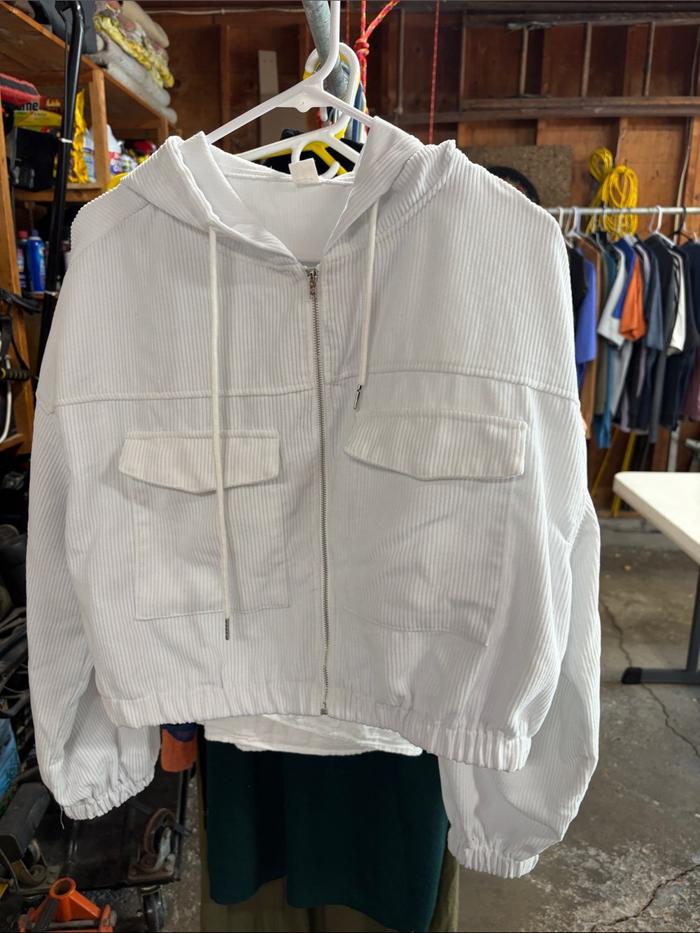 White Hooded Zip-Up Cropped Corduroy Jacket